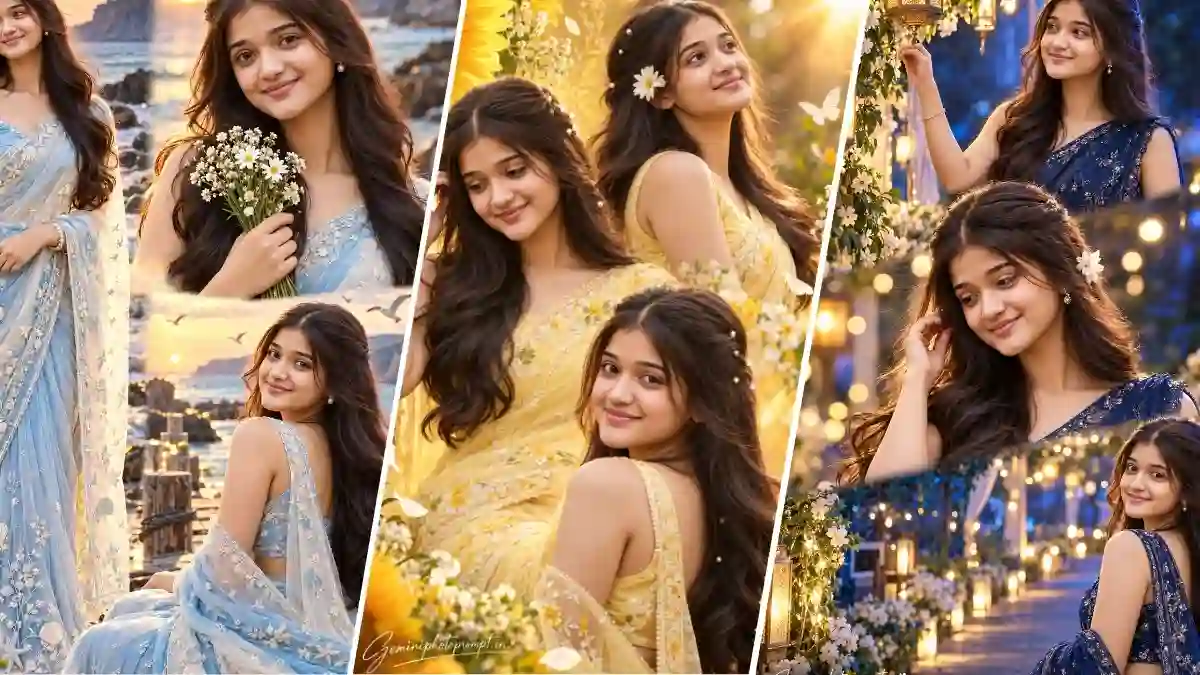 Sunflower Aesthetic Portrait Collage in Pastel Yellow Saree